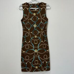 J. McLaughlin Brown and Teal Chain Print Dress